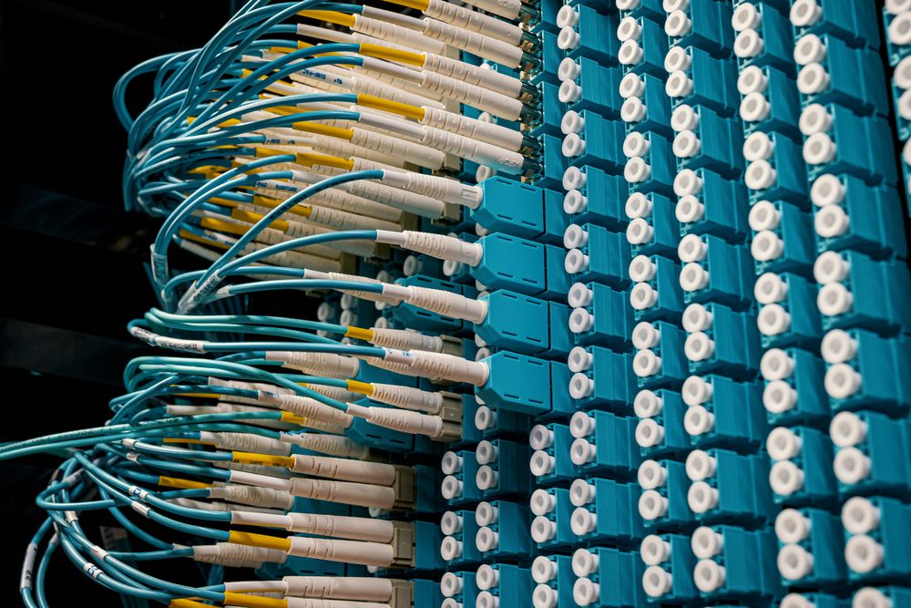 Fibre patch panel with duplex cables seated in adapter blocks